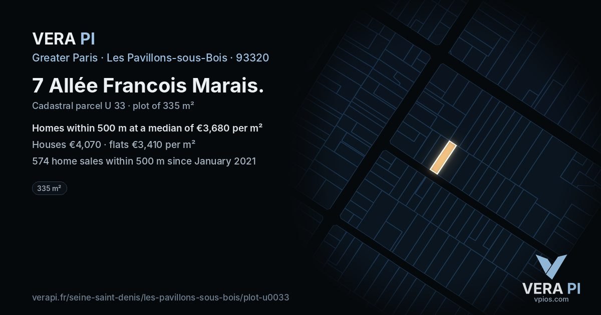 7 Allée Francois Marais, Les Pavillons-sous-Bois at night – the plot lit, the parcels around coloured by the prices near them