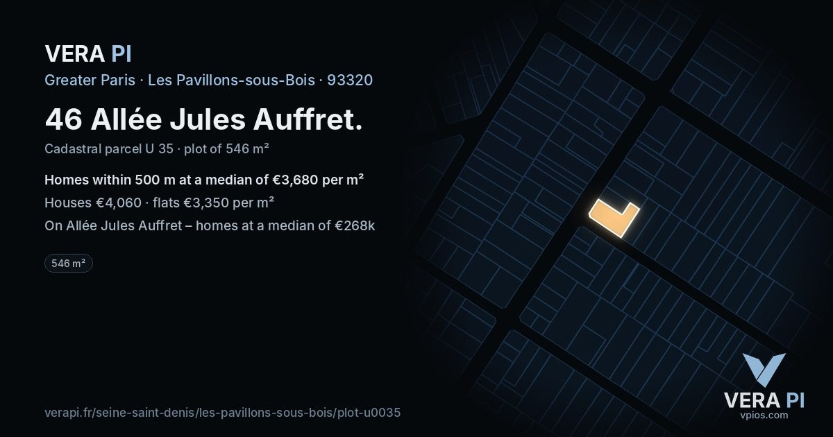 46 Allée Jules Auffret, Les Pavillons-sous-Bois at night – the plot lit, the parcels around coloured by the prices near them