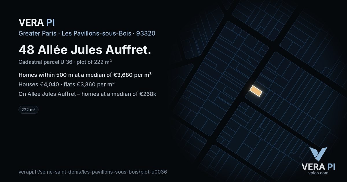 48 Allée Jules Auffret, Les Pavillons-sous-Bois at night – the plot lit, the parcels around coloured by the prices near them