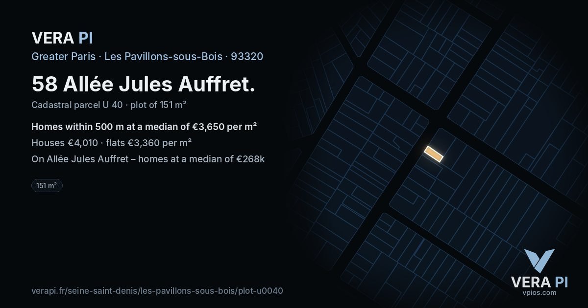 58 Allée Jules Auffret, Les Pavillons-sous-Bois at night – the plot lit, the parcels around coloured by the prices near them