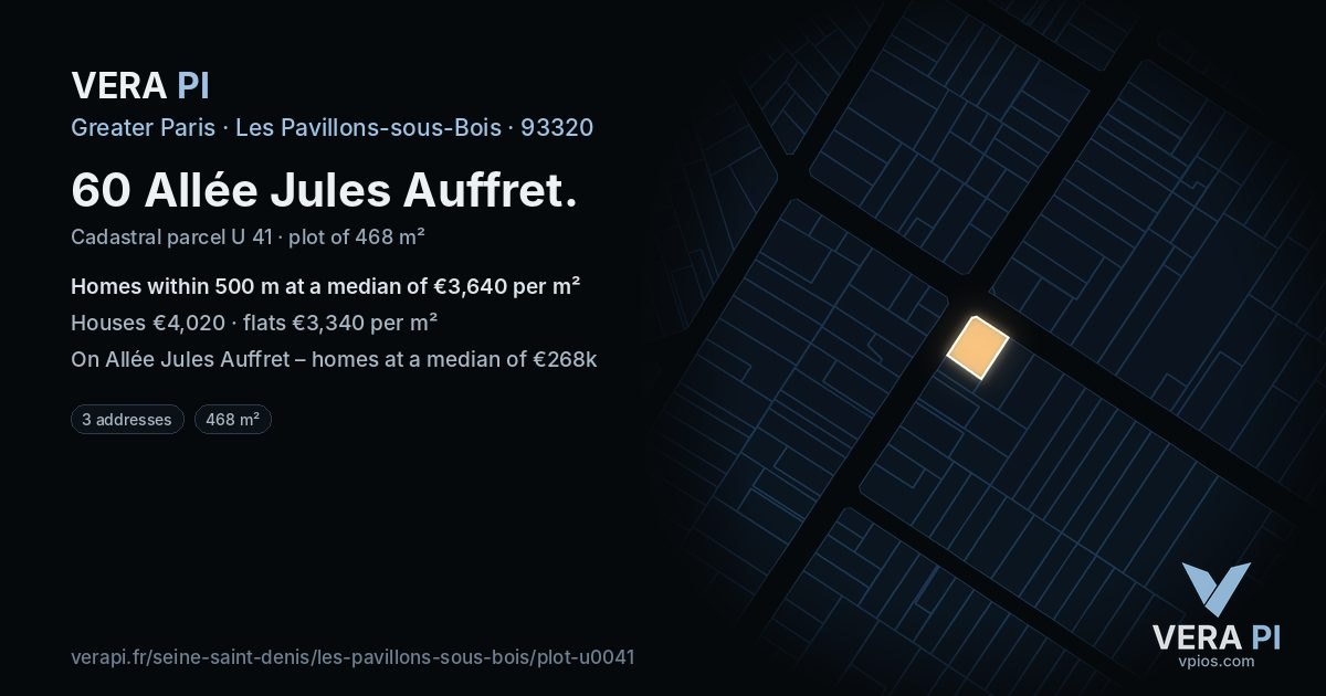 60 Allée Jules Auffret, Les Pavillons-sous-Bois at night – the plot lit, the parcels around coloured by the prices near them