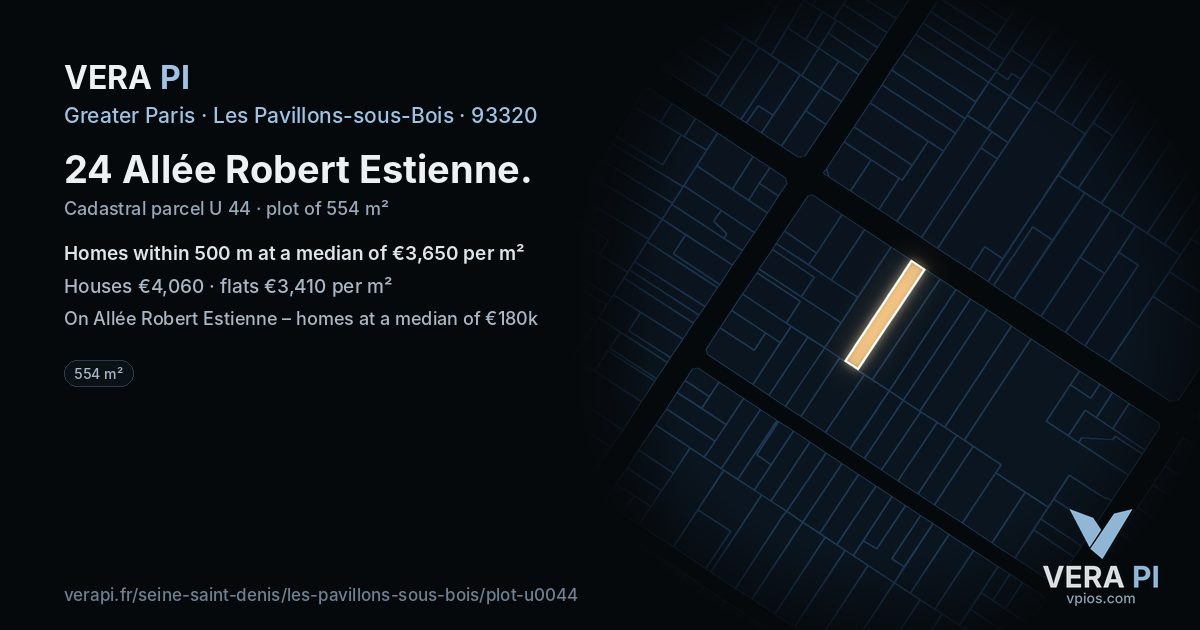 24 Allée Robert Estienne, Les Pavillons-sous-Bois at night – the plot lit, the parcels around coloured by the prices near them