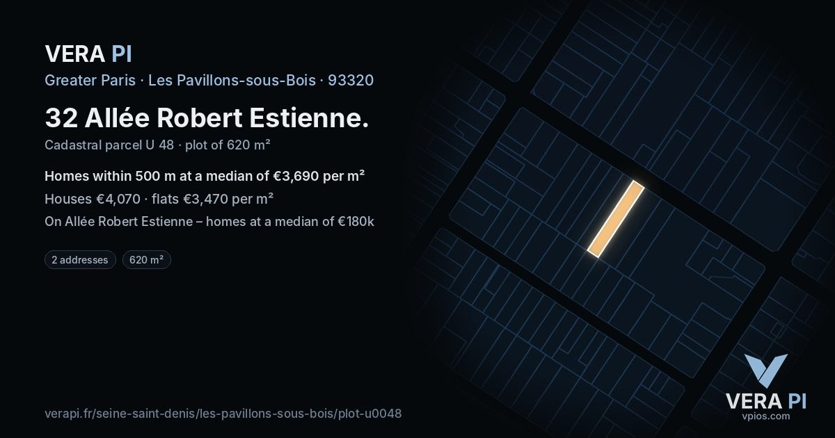 32 Allée Robert Estienne, Les Pavillons-sous-Bois at night – the plot lit, the parcels around coloured by the prices near them