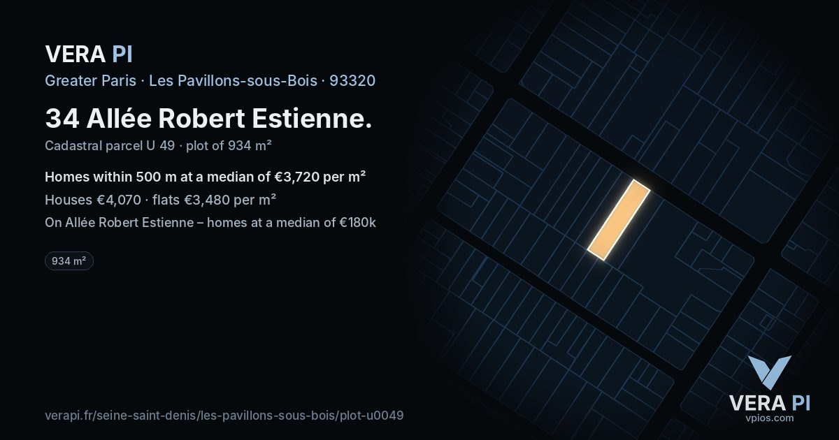 34 Allée Robert Estienne, Les Pavillons-sous-Bois at night – the plot lit, the parcels around coloured by the prices near them
