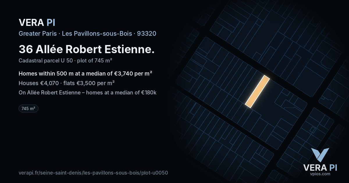 36 Allée Robert Estienne, Les Pavillons-sous-Bois at night – the plot lit, the parcels around coloured by the prices near them