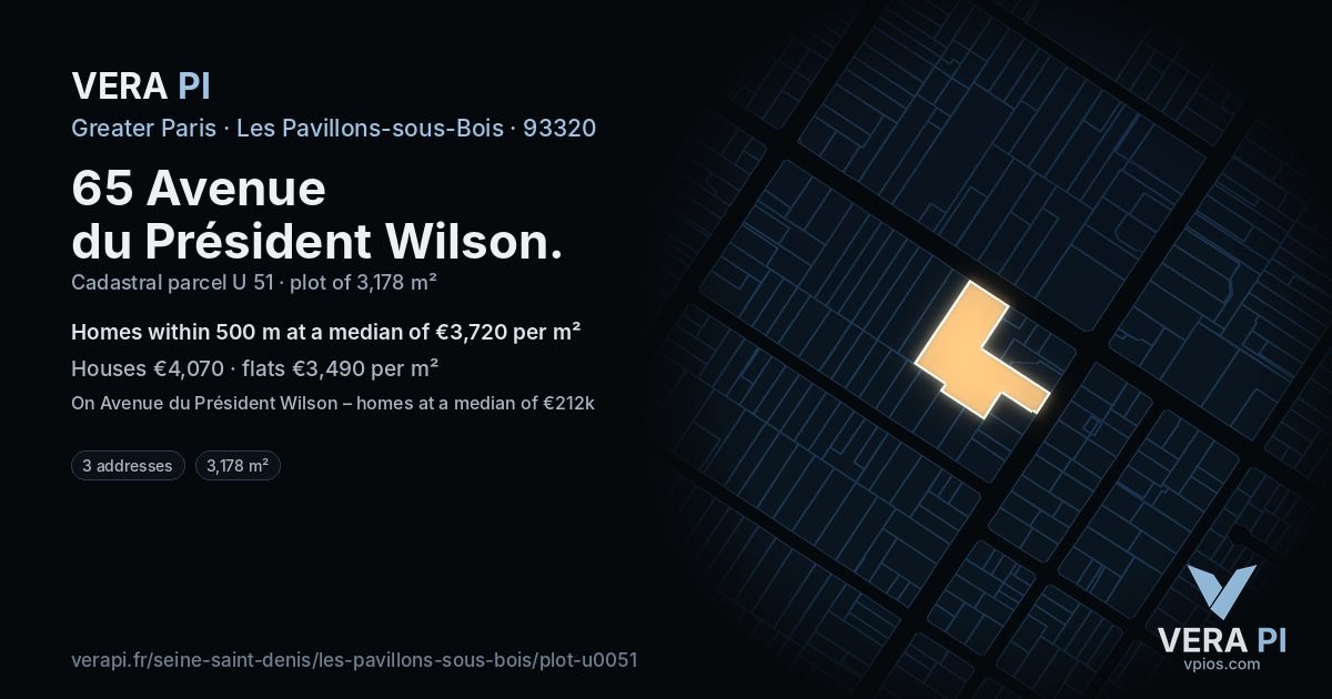65 Avenue du Président Wilson, Les Pavillons-sous-Bois at night – the plot lit, the parcels around coloured by the prices near them
