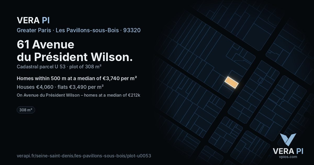 61 Avenue du Président Wilson, Les Pavillons-sous-Bois at night – the plot lit, the parcels around coloured by the prices near them