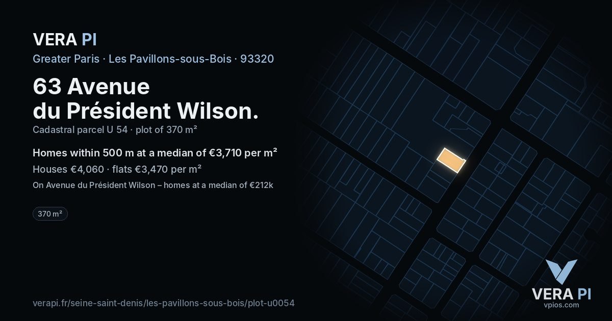 63 Avenue du Président Wilson, Les Pavillons-sous-Bois at night – the plot lit, the parcels around coloured by the prices near them