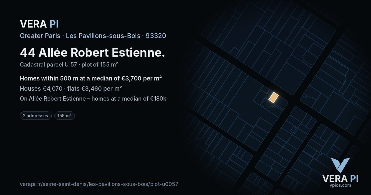 44 Allée Robert Estienne, Les Pavillons-sous-Bois at night – the plot lit, the parcels around coloured by the prices near them