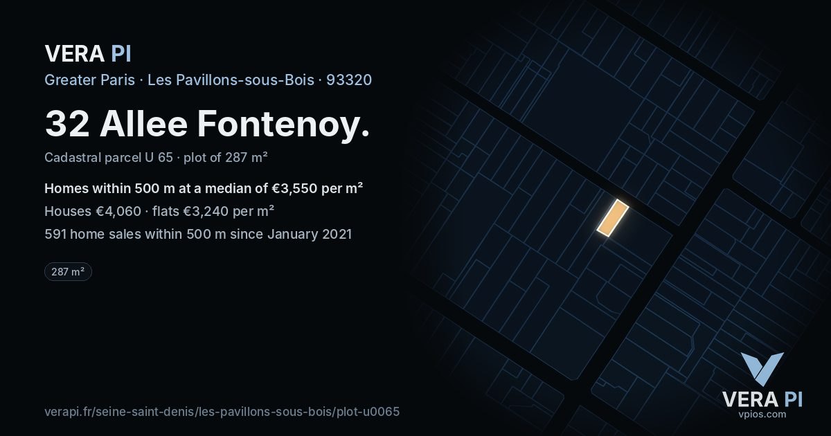 32 Allee Fontenoy, Les Pavillons-sous-Bois at night – the plot lit, the parcels around coloured by the prices near them