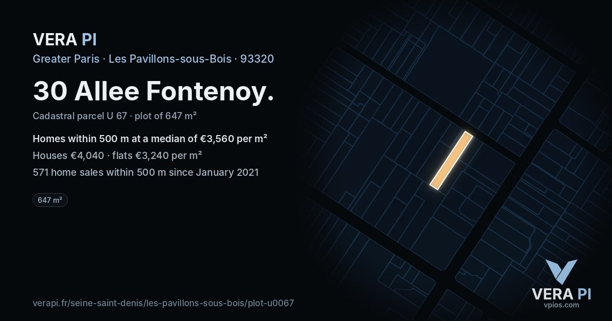 30 Allee Fontenoy, Les Pavillons-sous-Bois at night – the plot lit, the parcels around coloured by the prices near them