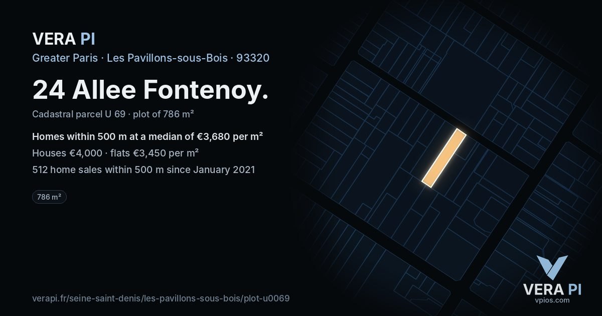24 Allee Fontenoy, Les Pavillons-sous-Bois at night – the plot lit, the parcels around coloured by the prices near them