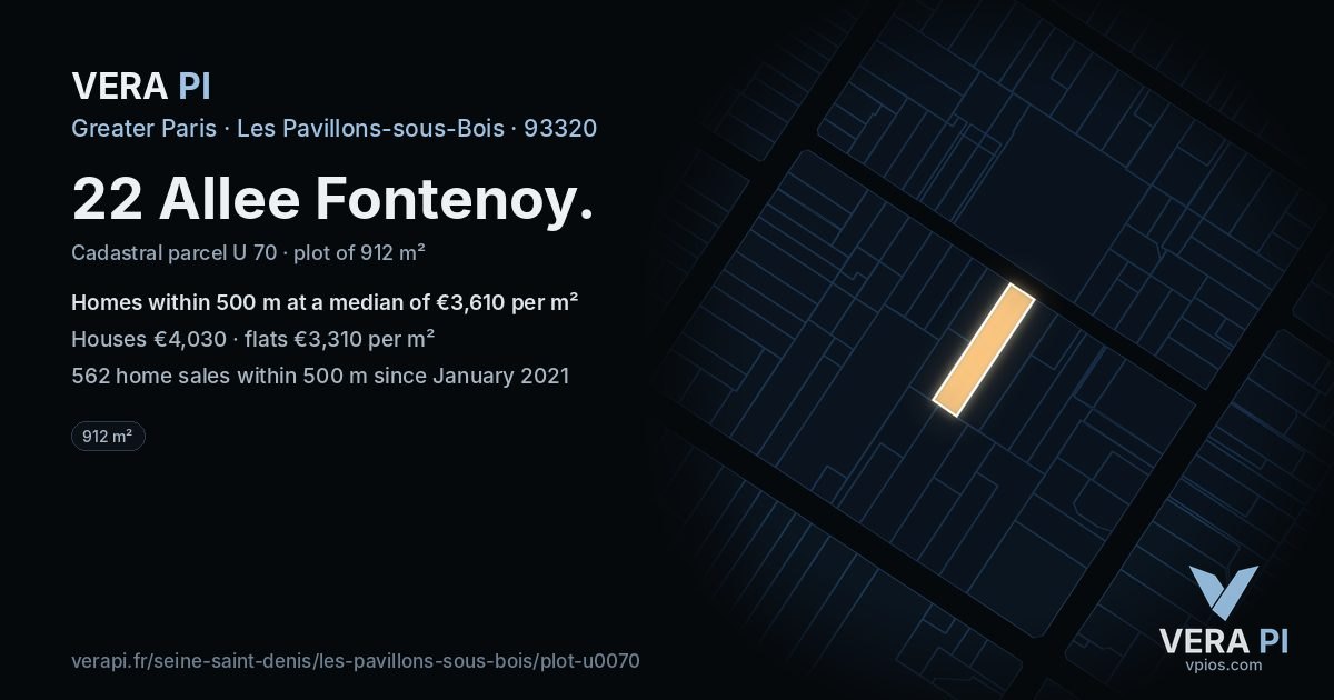 22 Allee Fontenoy, Les Pavillons-sous-Bois at night – the plot lit, the parcels around coloured by the prices near them