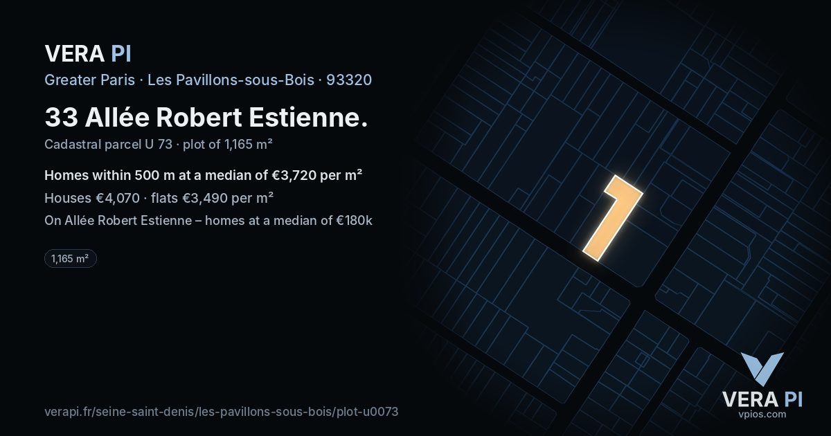 33 Allée Robert Estienne, Les Pavillons-sous-Bois at night – the plot lit, the parcels around coloured by the prices near them