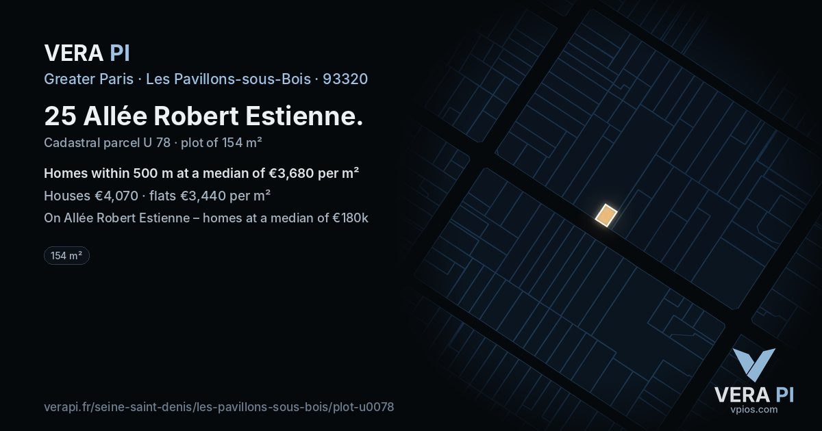 25 Allée Robert Estienne, Les Pavillons-sous-Bois at night – the plot lit, the parcels around coloured by the prices near them