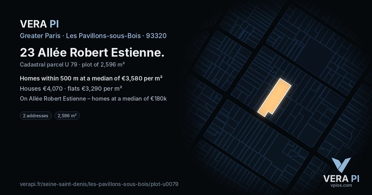 23 Allée Robert Estienne, Les Pavillons-sous-Bois at night – the plot lit, the parcels around coloured by the prices near them