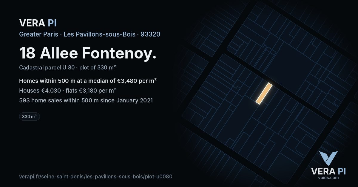 18 Allee Fontenoy, Les Pavillons-sous-Bois at night – the plot lit, the parcels around coloured by the prices near them