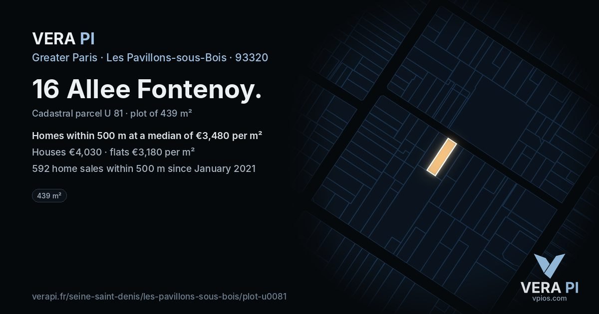16 Allee Fontenoy, Les Pavillons-sous-Bois at night – the plot lit, the parcels around coloured by the prices near them