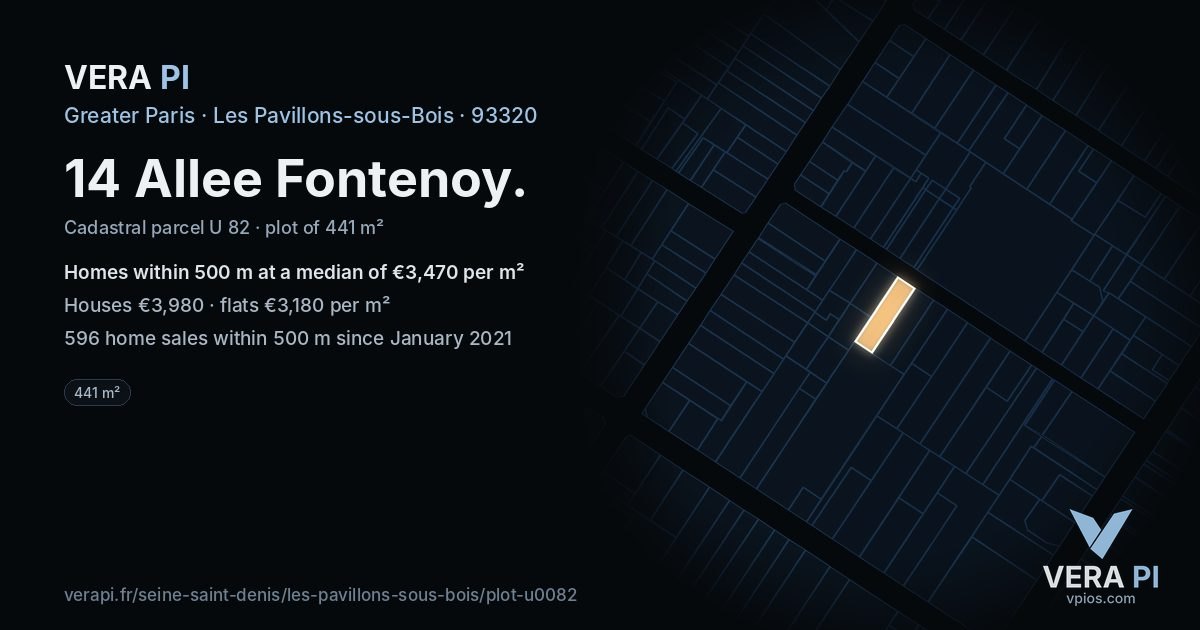 14 Allee Fontenoy, Les Pavillons-sous-Bois at night – the plot lit, the parcels around coloured by the prices near them