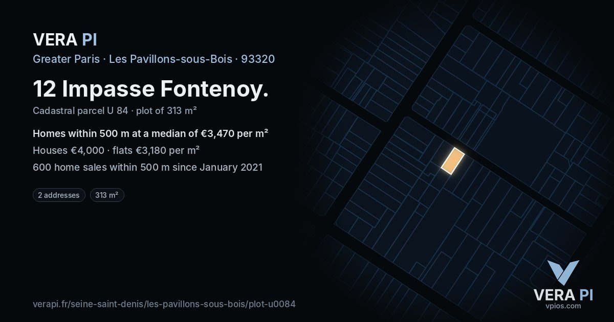 12 Impasse Fontenoy, Les Pavillons-sous-Bois at night – the plot lit, the parcels around coloured by the prices near them