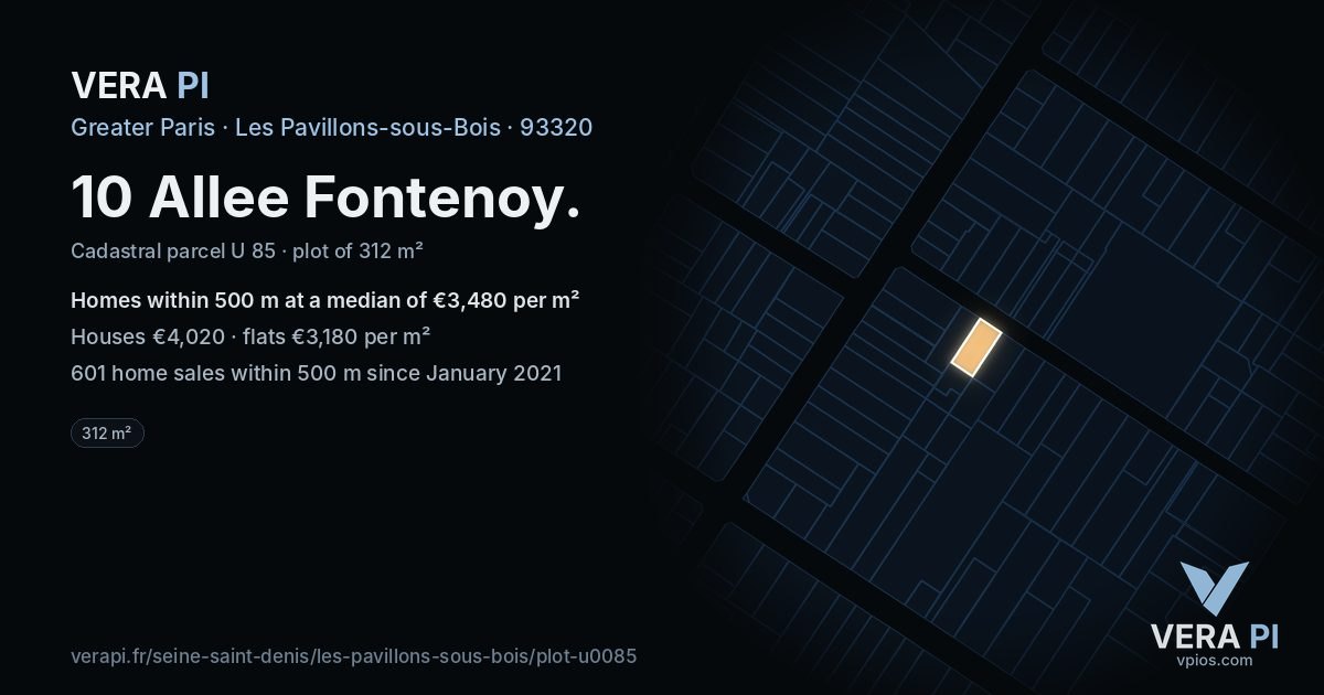 10 Allee Fontenoy, Les Pavillons-sous-Bois at night – the plot lit, the parcels around coloured by the prices near them