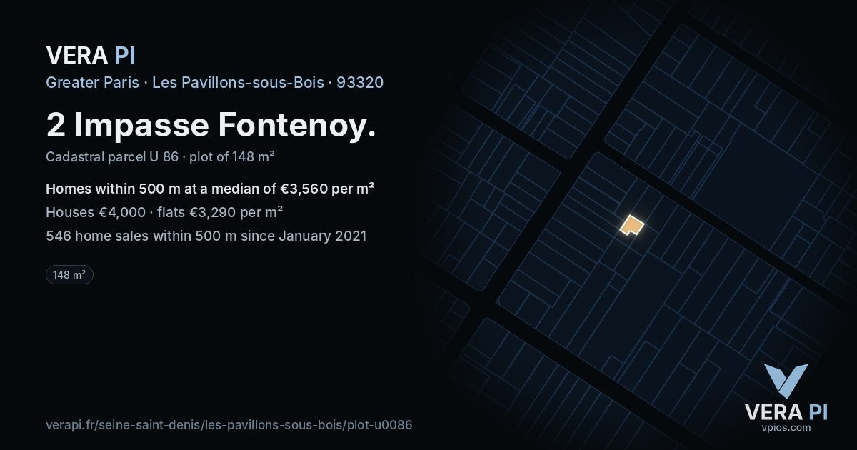 2 Impasse Fontenoy, Les Pavillons-sous-Bois at night – the plot lit, the parcels around coloured by the prices near them