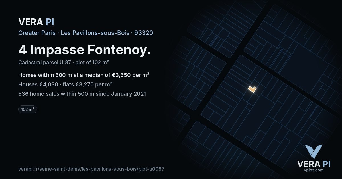 4 Impasse Fontenoy, Les Pavillons-sous-Bois at night – the plot lit, the parcels around coloured by the prices near them