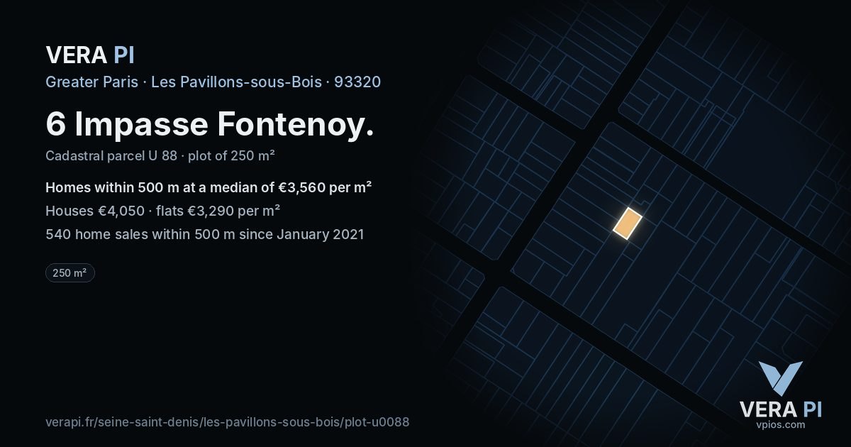 6 Impasse Fontenoy, Les Pavillons-sous-Bois at night – the plot lit, the parcels around coloured by the prices near them