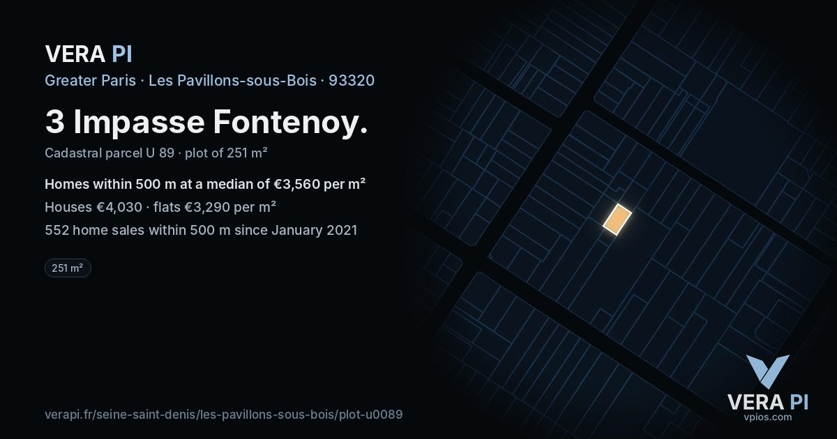 3 Impasse Fontenoy, Les Pavillons-sous-Bois at night – the plot lit, the parcels around coloured by the prices near them