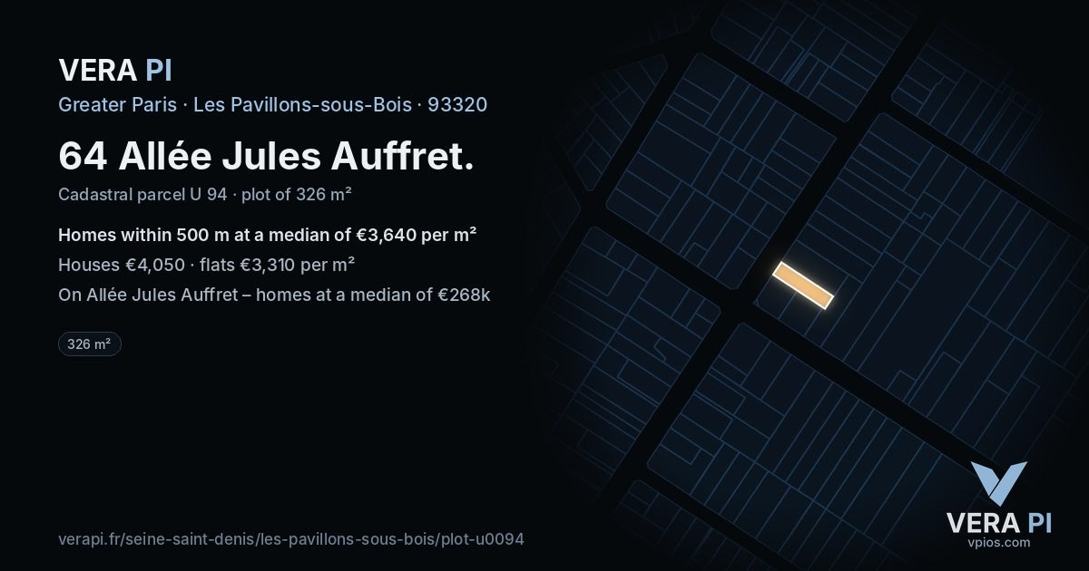 64 Allée Jules Auffret, Les Pavillons-sous-Bois at night – the plot lit, the parcels around coloured by the prices near them