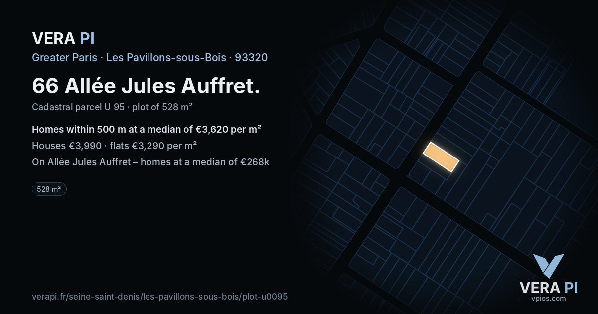 66 Allée Jules Auffret, Les Pavillons-sous-Bois at night – the plot lit, the parcels around coloured by the prices near them