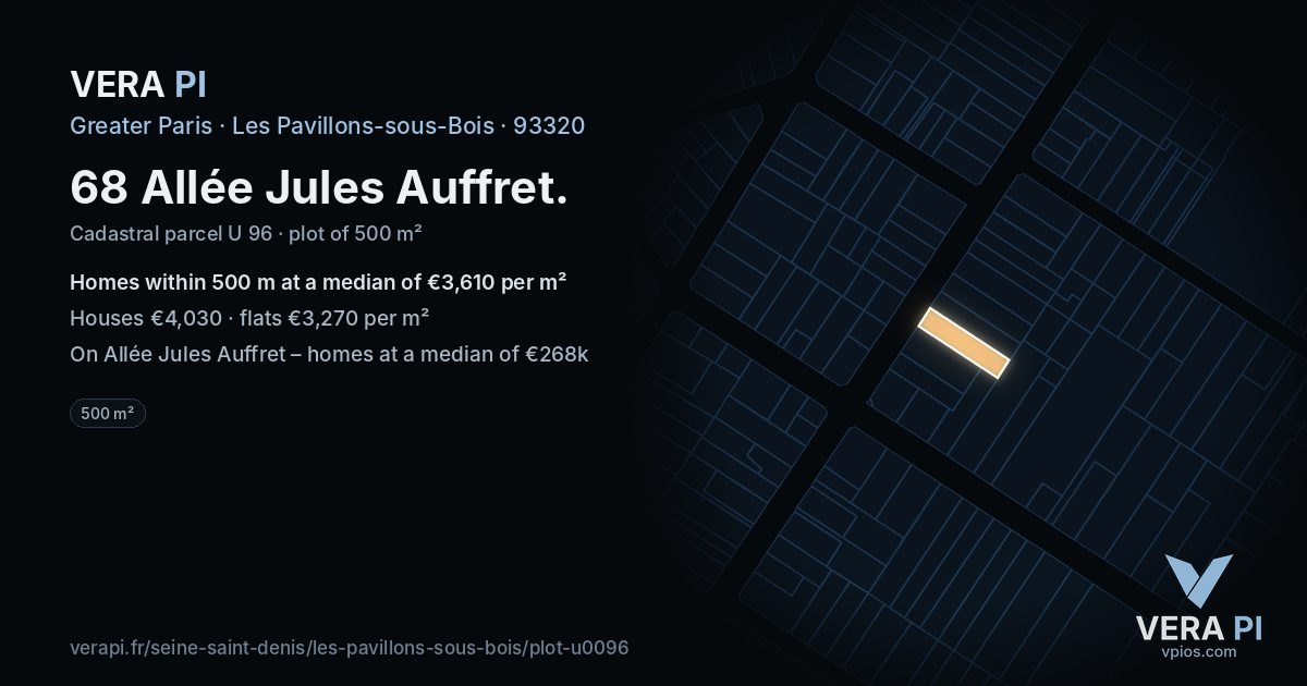 68 Allée Jules Auffret, Les Pavillons-sous-Bois at night – the plot lit, the parcels around coloured by the prices near them