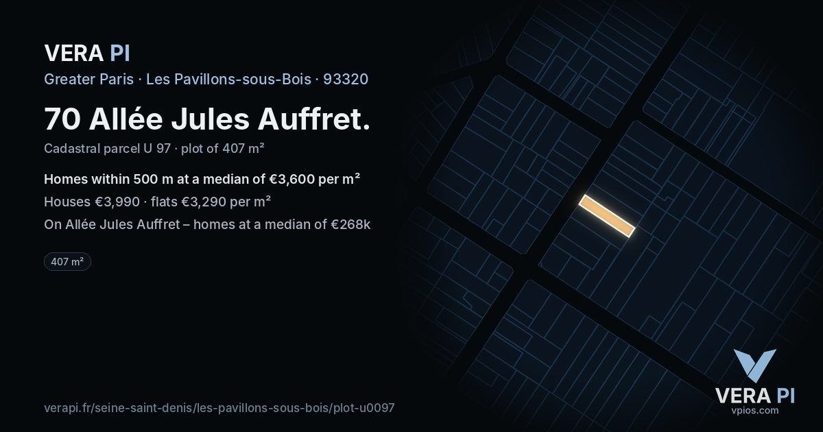 70 Allée Jules Auffret, Les Pavillons-sous-Bois at night – the plot lit, the parcels around coloured by the prices near them