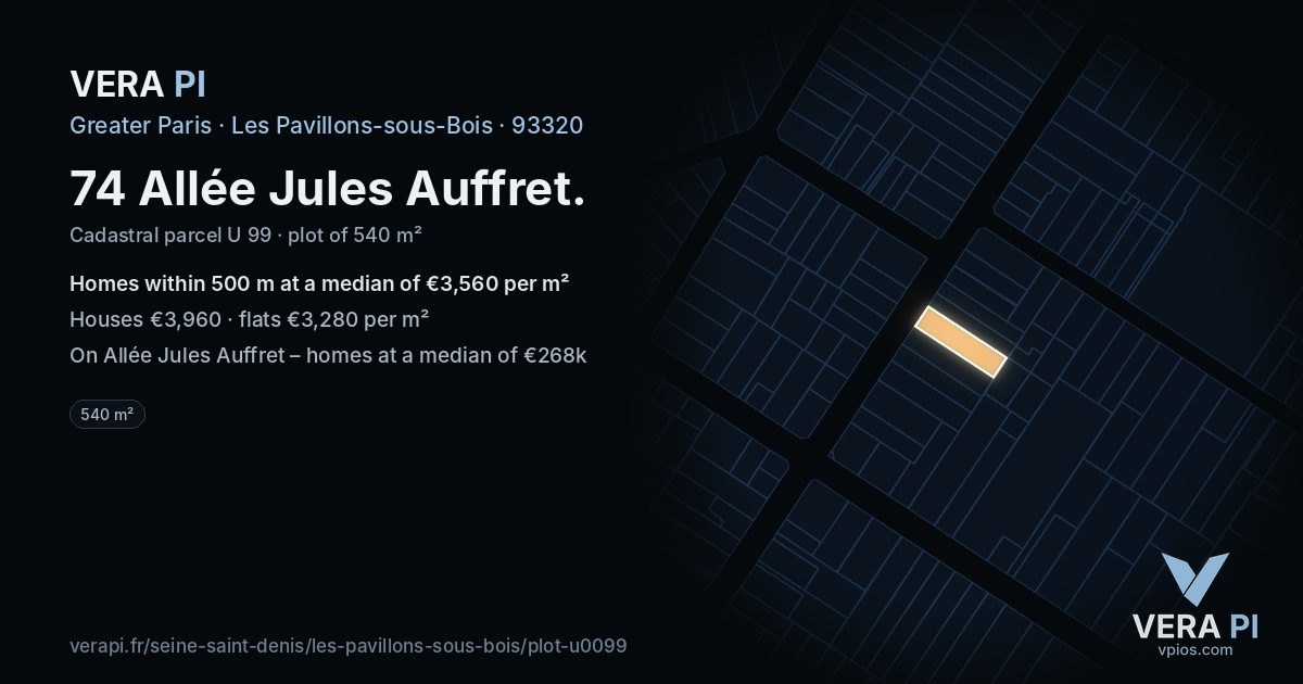 74 Allée Jules Auffret, Les Pavillons-sous-Bois at night – the plot lit, the parcels around coloured by the prices near them