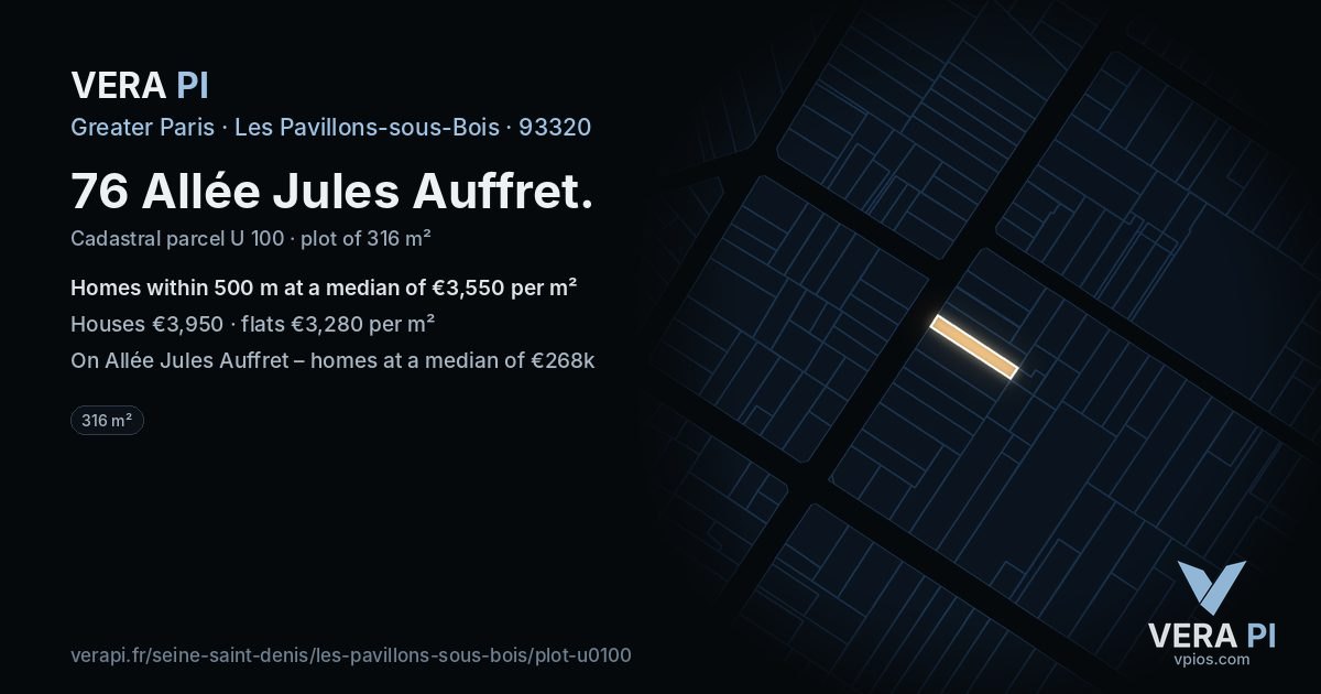 76 Allée Jules Auffret, Les Pavillons-sous-Bois at night – the plot lit, the parcels around coloured by the prices near them