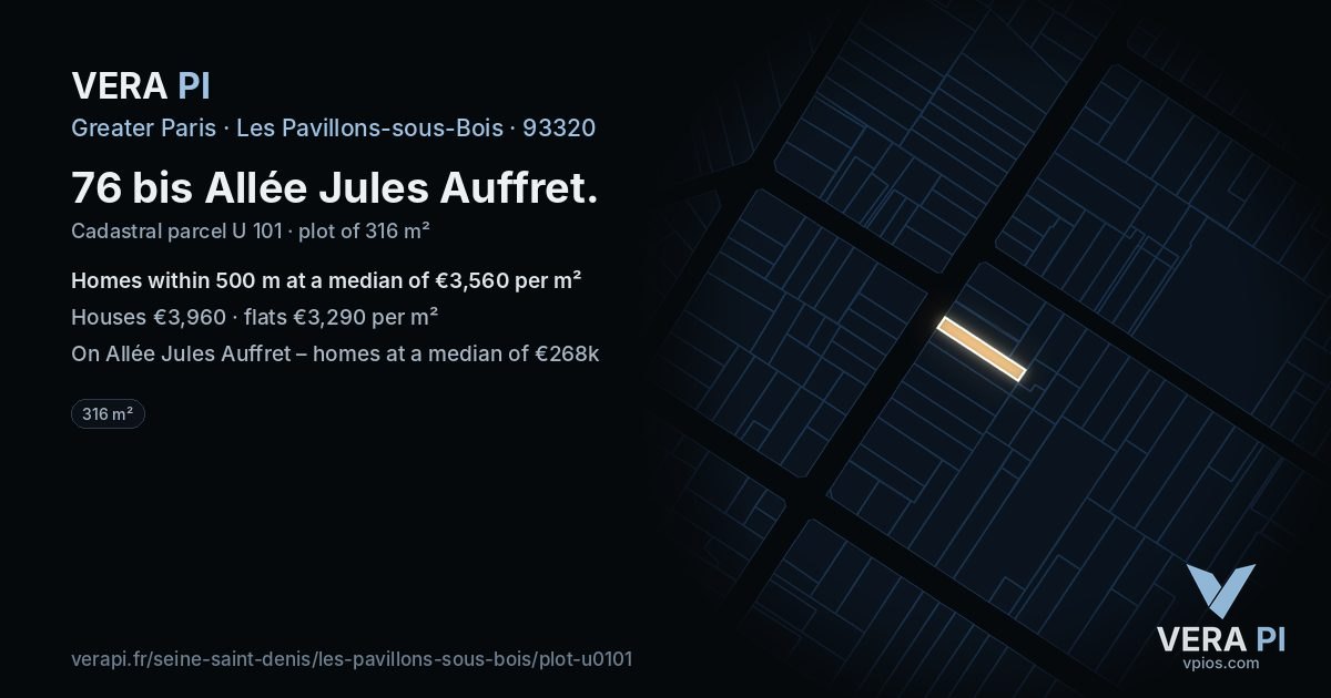 76 bis Allée Jules Auffret, Les Pavillons-sous-Bois at night – the plot lit, the parcels around coloured by the prices near them
