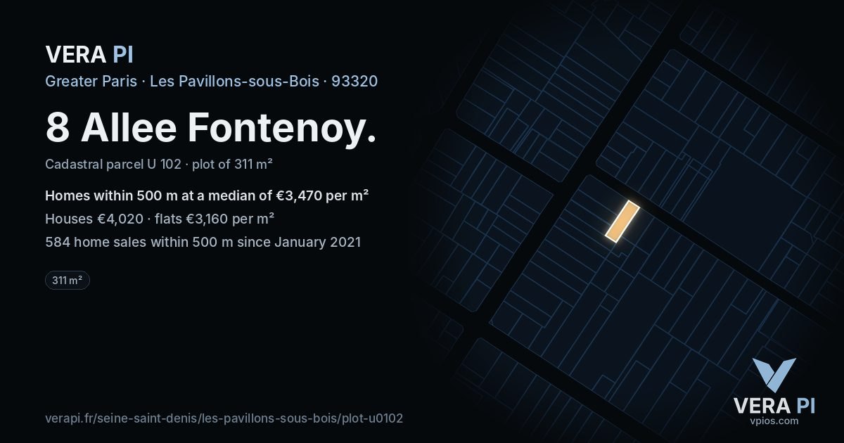 8 Allee Fontenoy, Les Pavillons-sous-Bois at night – the plot lit, the parcels around coloured by the prices near them