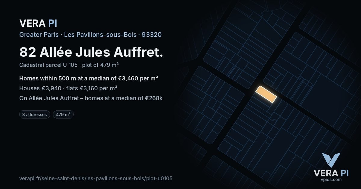 82 Allée Jules Auffret, Les Pavillons-sous-Bois at night – the plot lit, the parcels around coloured by the prices near them