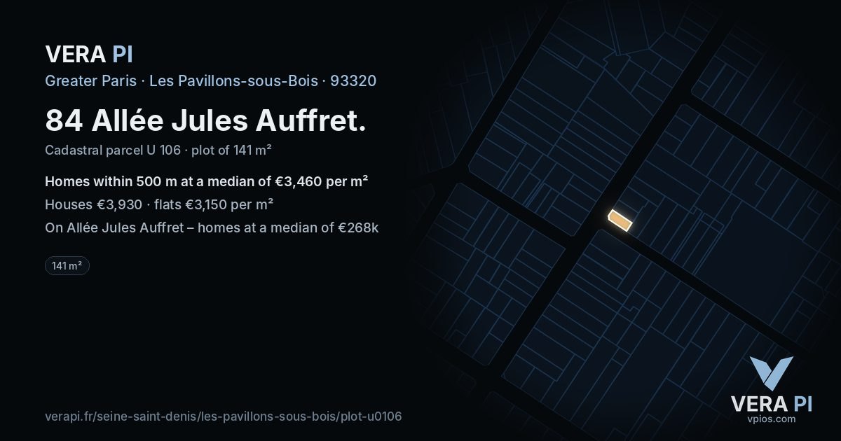84 Allée Jules Auffret, Les Pavillons-sous-Bois at night – the plot lit, the parcels around coloured by the prices near them