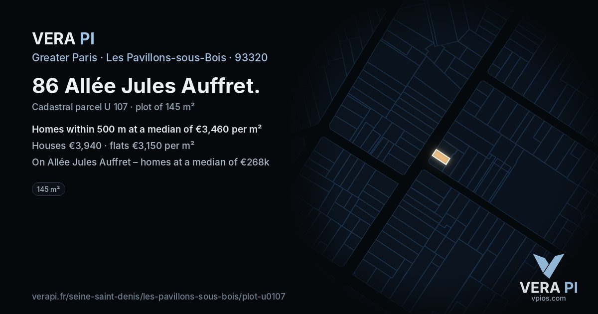 86 Allée Jules Auffret, Les Pavillons-sous-Bois at night – the plot lit, the parcels around coloured by the prices near them