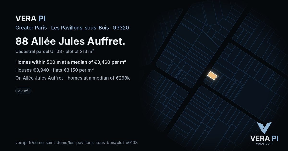 88 Allée Jules Auffret, Les Pavillons-sous-Bois at night – the plot lit, the parcels around coloured by the prices near them