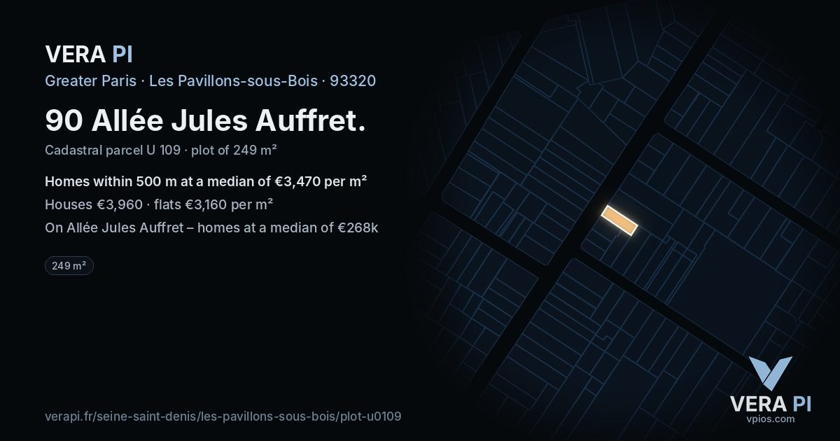 90 Allée Jules Auffret, Les Pavillons-sous-Bois at night – the plot lit, the parcels around coloured by the prices near them