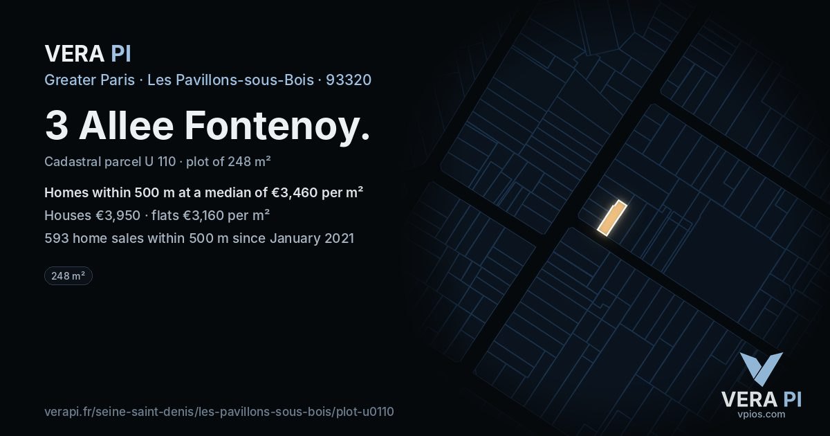 3 Allee Fontenoy, Les Pavillons-sous-Bois at night – the plot lit, the parcels around coloured by the prices near them