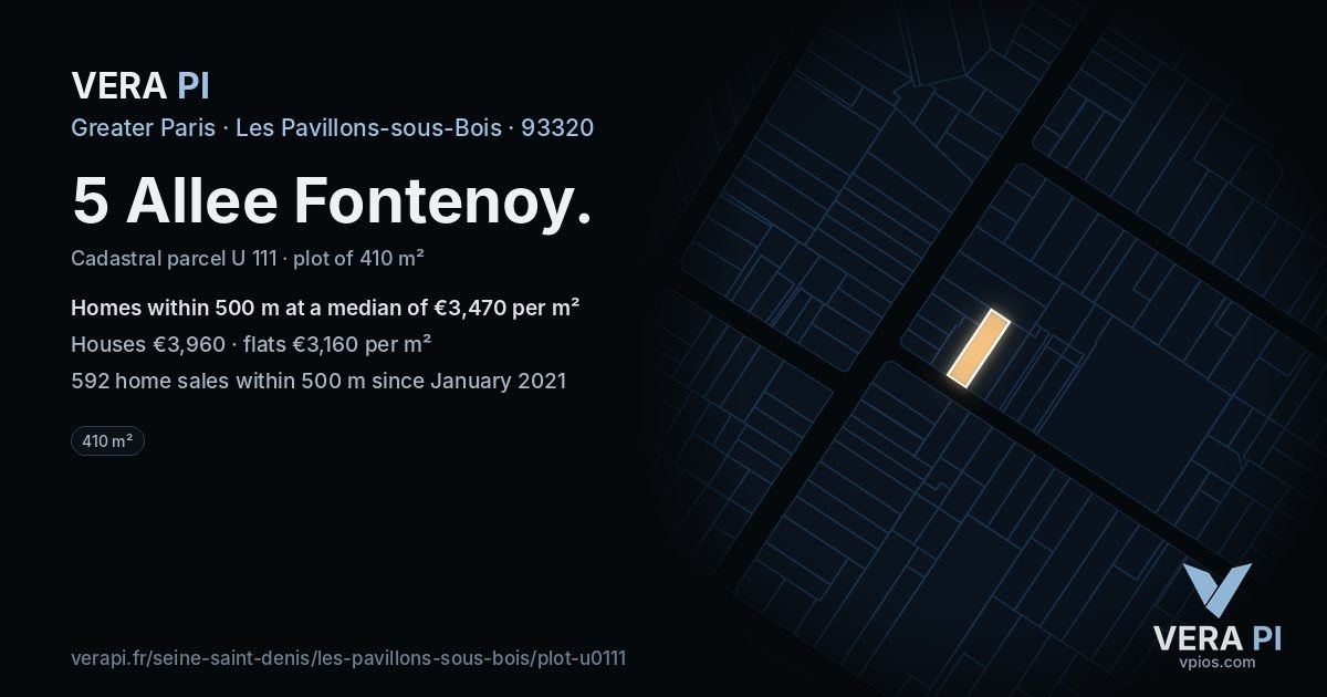 5 Allee Fontenoy, Les Pavillons-sous-Bois at night – the plot lit, the parcels around coloured by the prices near them