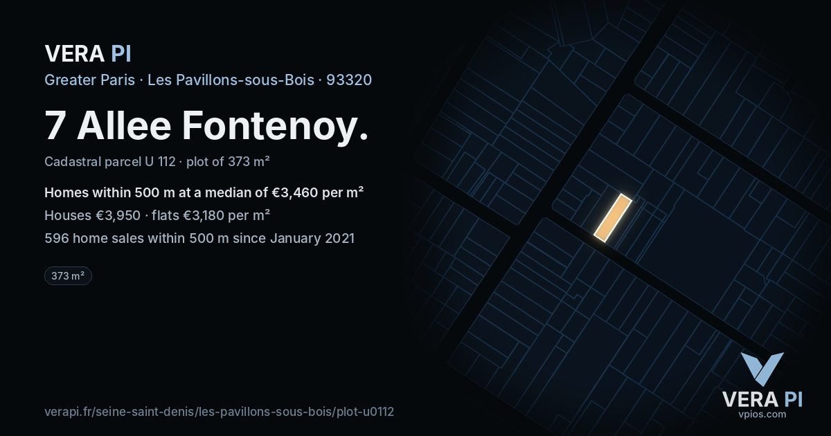 7 Allee Fontenoy, Les Pavillons-sous-Bois at night – the plot lit, the parcels around coloured by the prices near them