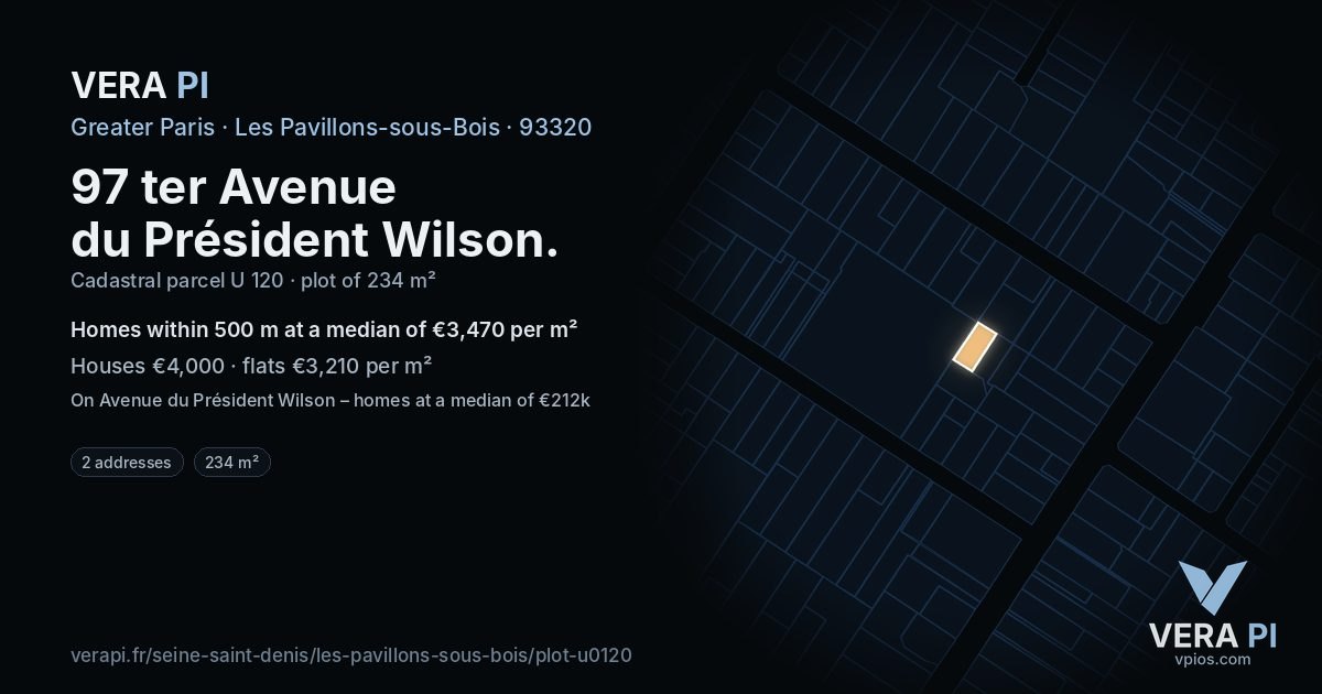 97 ter Avenue du Président Wilson, Les Pavillons-sous-Bois at night – the plot lit, the parcels around coloured by the prices near them