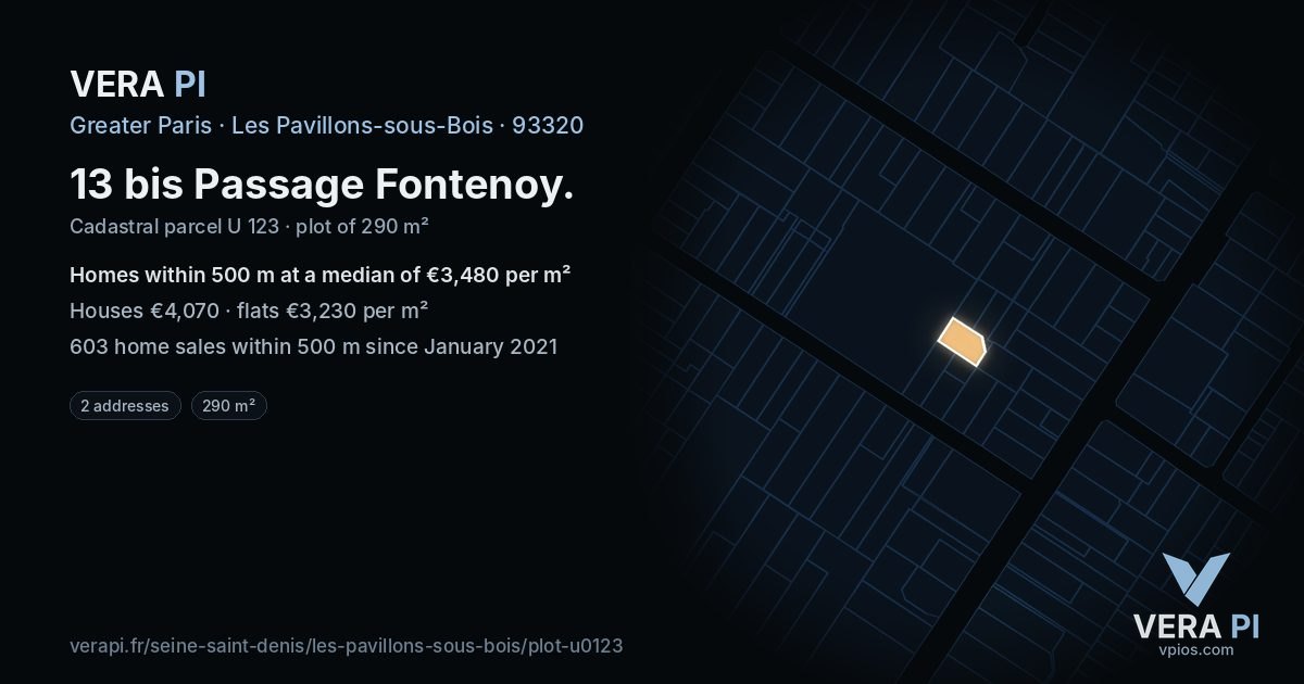 13 bis Passage Fontenoy, Les Pavillons-sous-Bois at night – the plot lit, the parcels around coloured by the prices near them