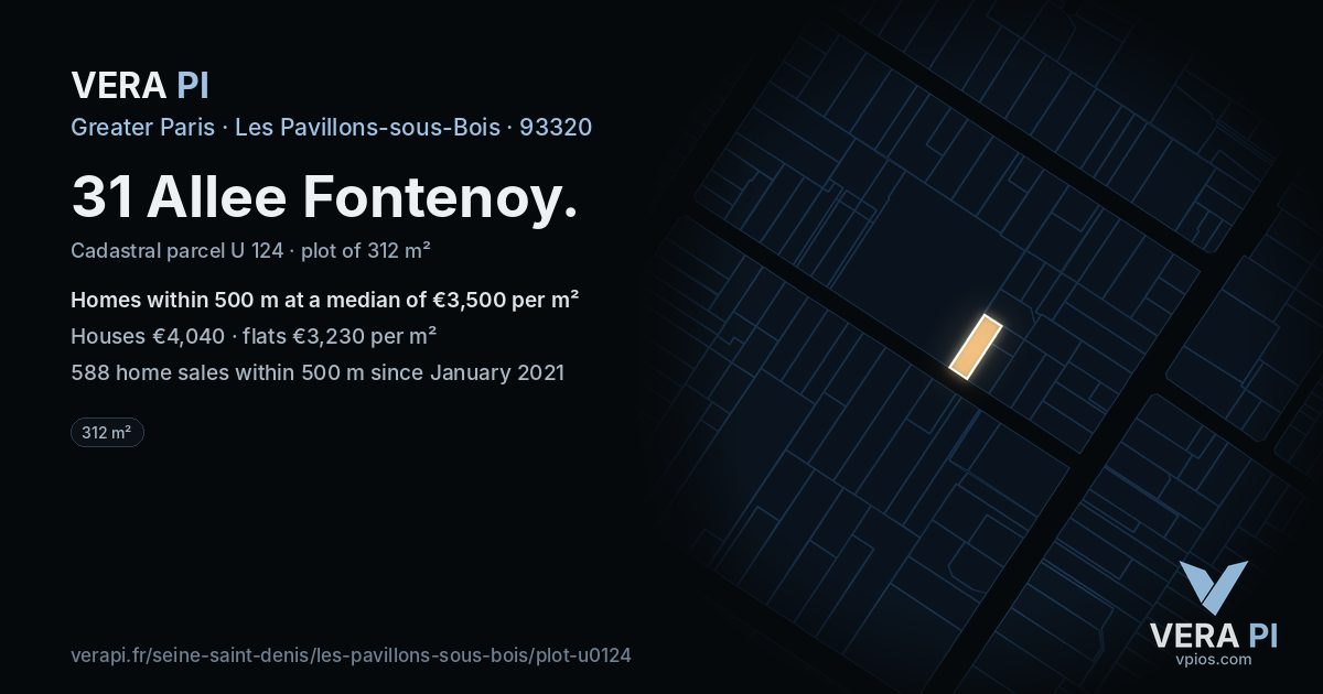 31 Allee Fontenoy, Les Pavillons-sous-Bois at night – the plot lit, the parcels around coloured by the prices near them