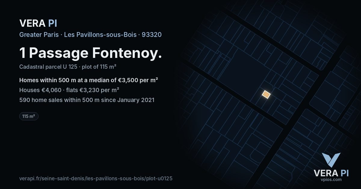 1 Passage Fontenoy, Les Pavillons-sous-Bois at night – the plot lit, the parcels around coloured by the prices near them