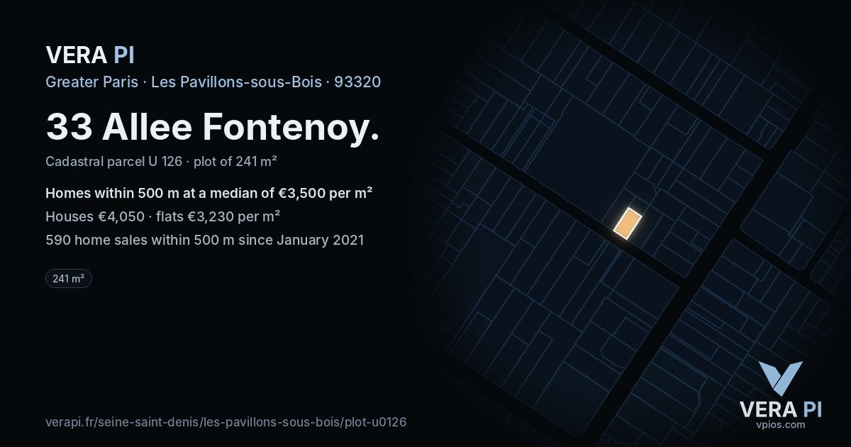 33 Allee Fontenoy, Les Pavillons-sous-Bois at night – the plot lit, the parcels around coloured by the prices near them